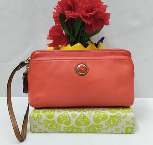 Coach Orange Leather Zipper Closure Credit Card Wristlet - Wallet